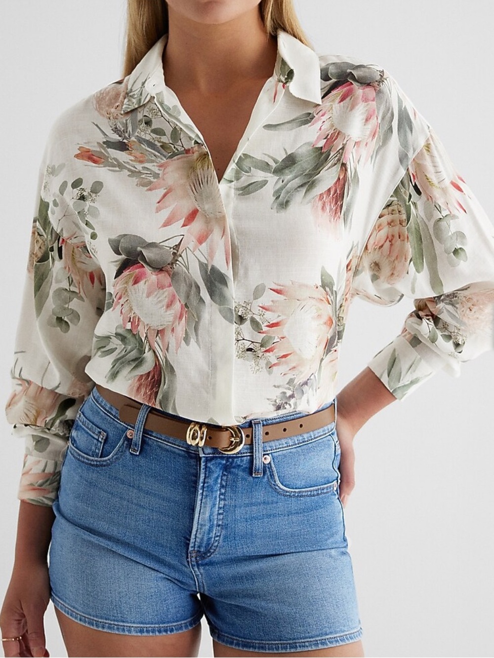 Express Linen Blend Floral Boyfriend Portofino Shirt